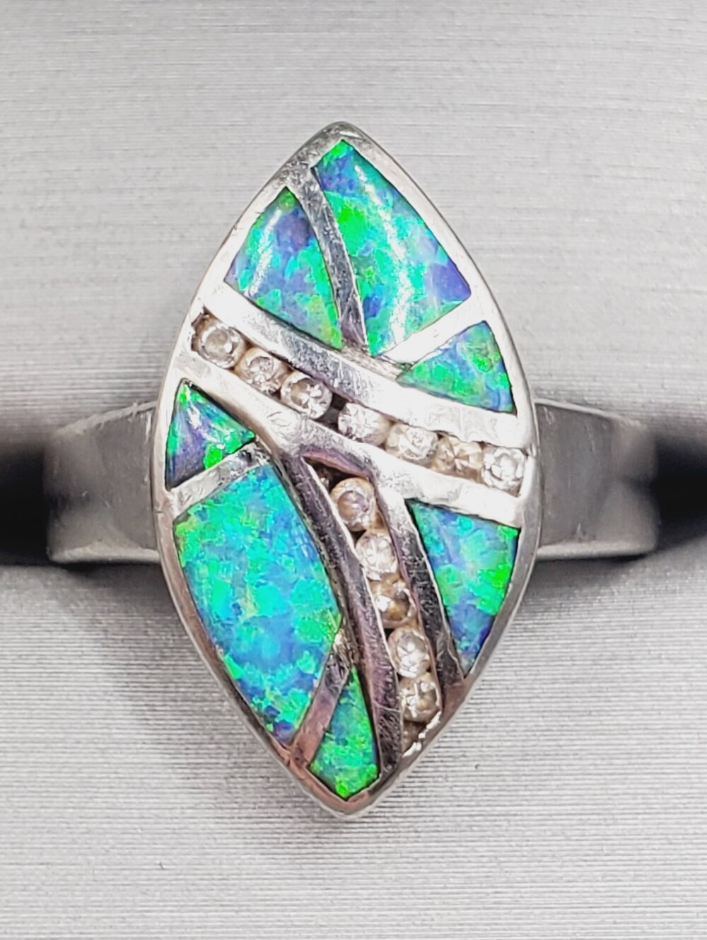 Blue Green Opal Inlay - 925 Sterling Silver Marquise Ring